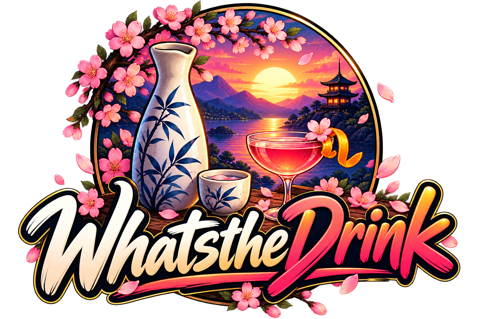 Whats The Drink? — sake bottle and cocktail beneath a sakura sunset